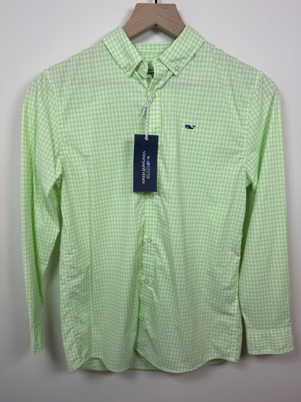Vineyard Vines NWT Boys On-The-Go Performance Gingham Shirt Green Size Medium